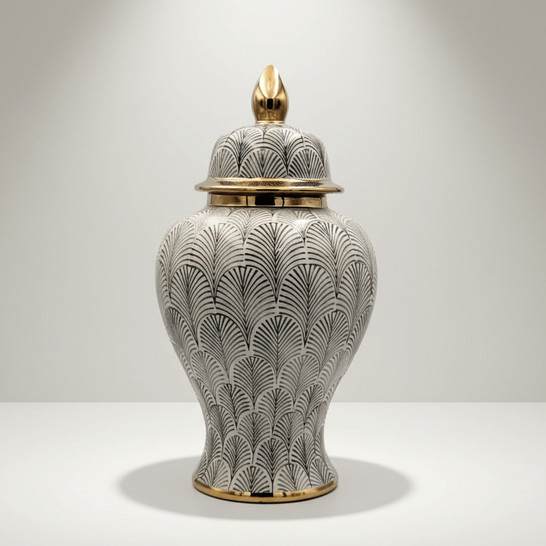 Black Feather Ceramic Ginger Jar