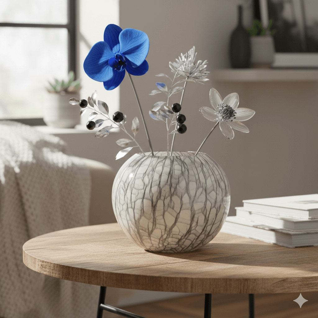 Grey and White Crackle Round Handblown Glass Vase