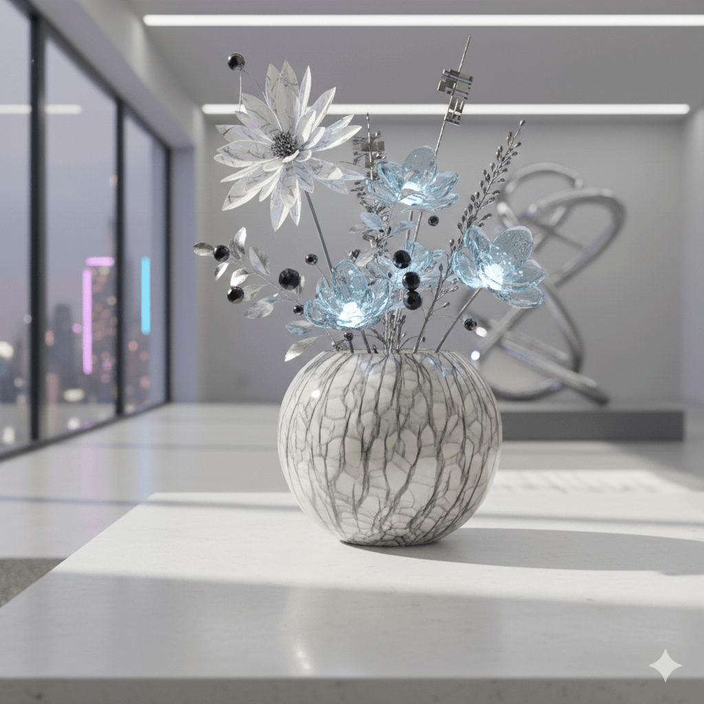 Grey and White Crackle Round Handblown Glass Vase