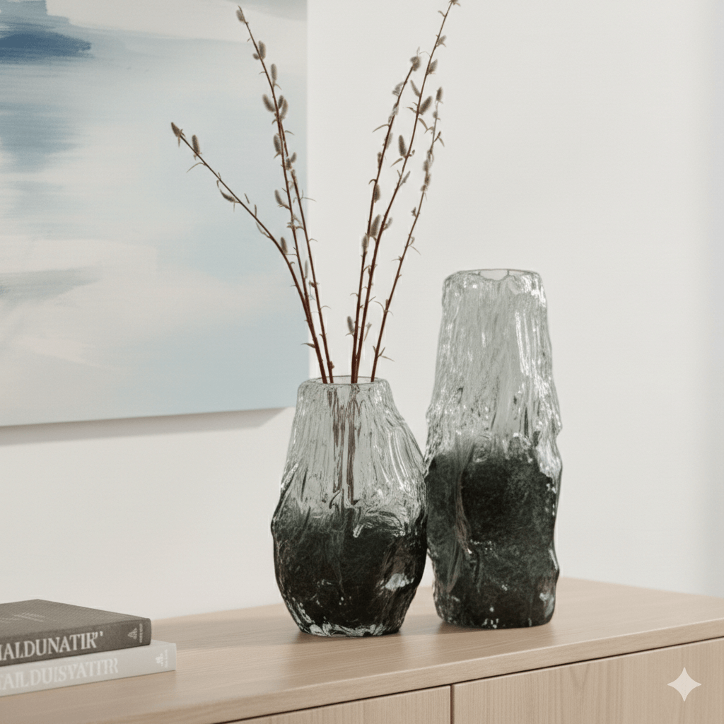 Charcoal Smoked Glass Ice Textured Vase Set