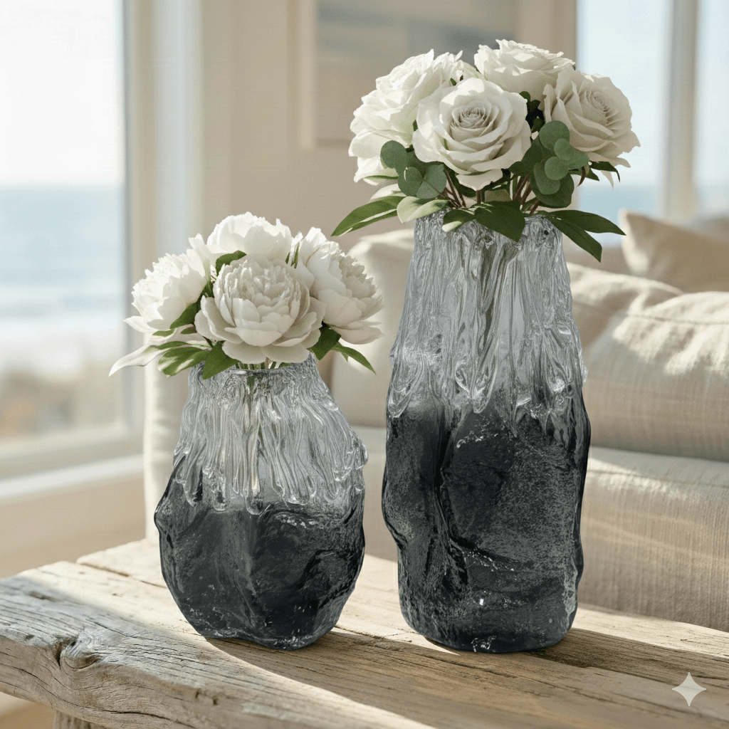 Artisan Hand Blown Smoked Glass Vase Set