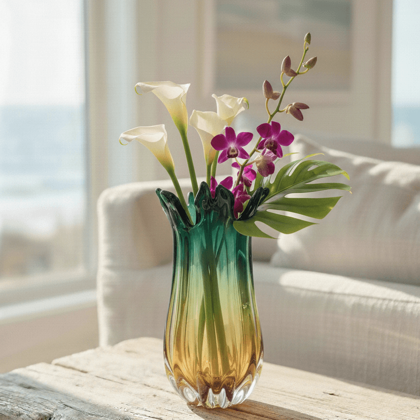 Emerald Green and Amber Ribbed Glass Vase