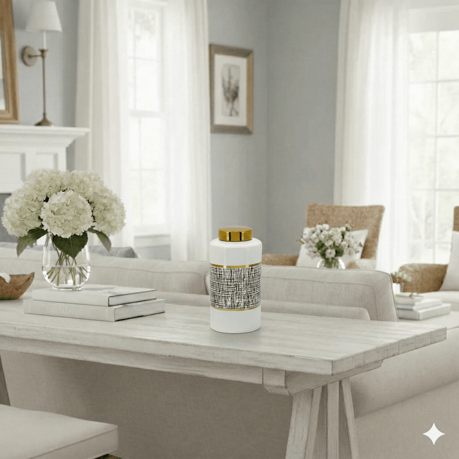 Modern Ceramic Ginger Jar - White/Gold