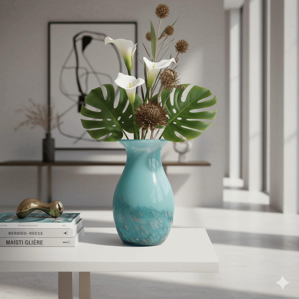 Blue Green Ocean Blown Art Glass Vase