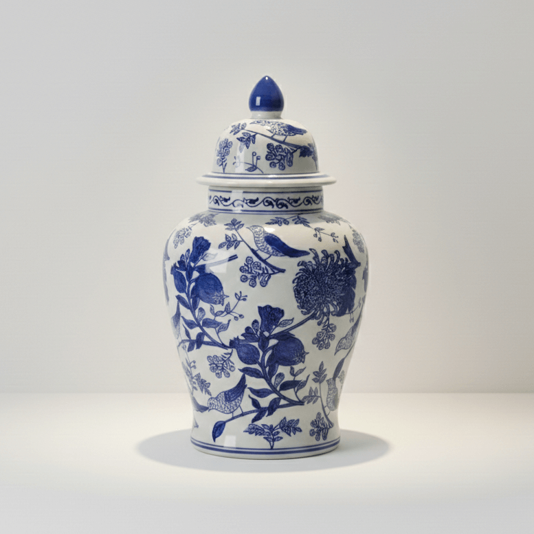 Blue White Sienne Floral Bird Ginger Jar