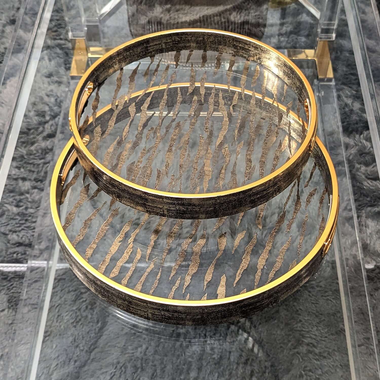 Champagne Gold Glass & Wood Tray Set