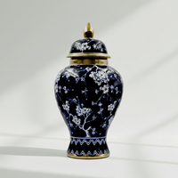 Navy Blossom Ceramic Temple Jar