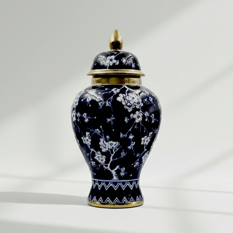 Navy Blossom Ceramic Temple Jar