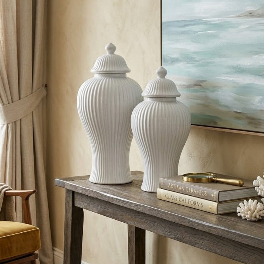 Classic Ribbed White Ceramic Ginger Jar Set