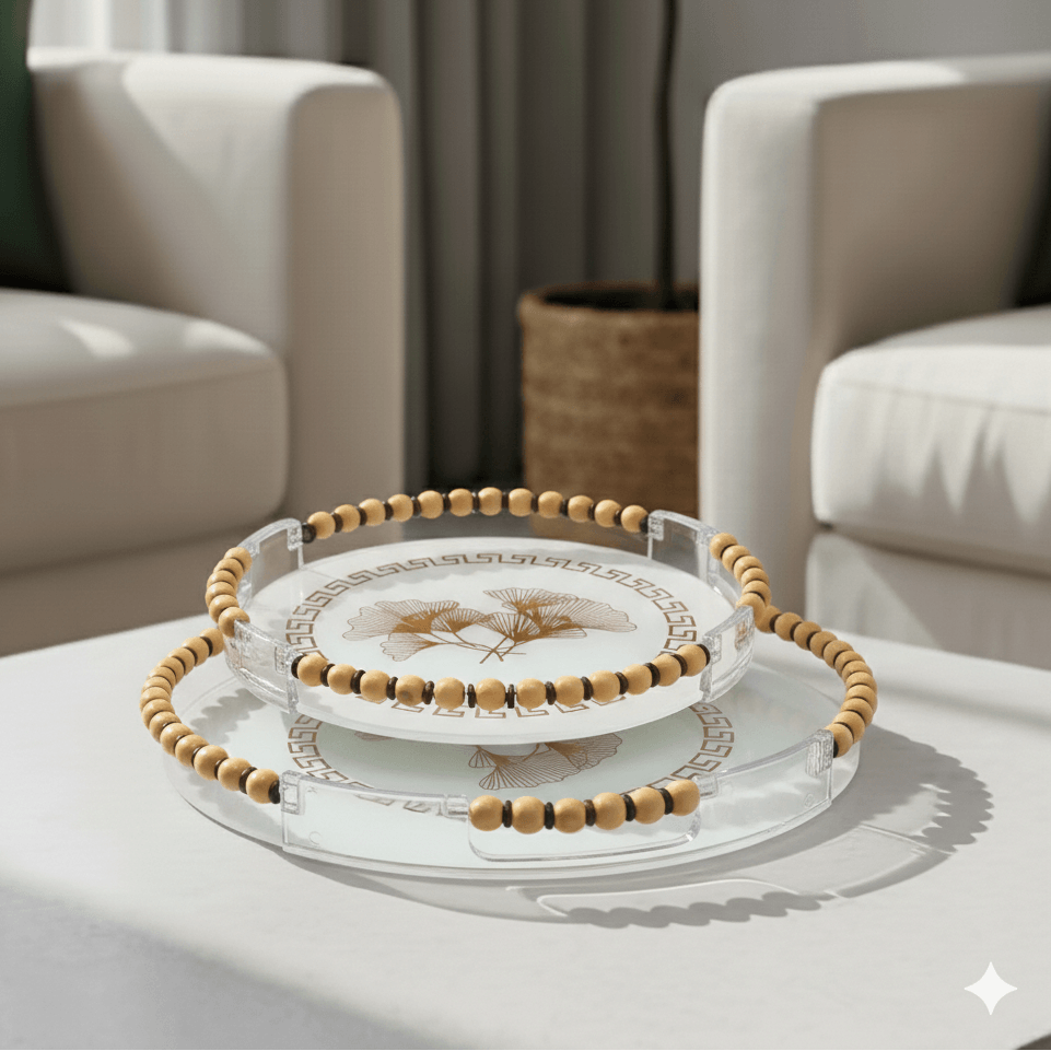Clear Glass & Wood Round Serving Tray Set