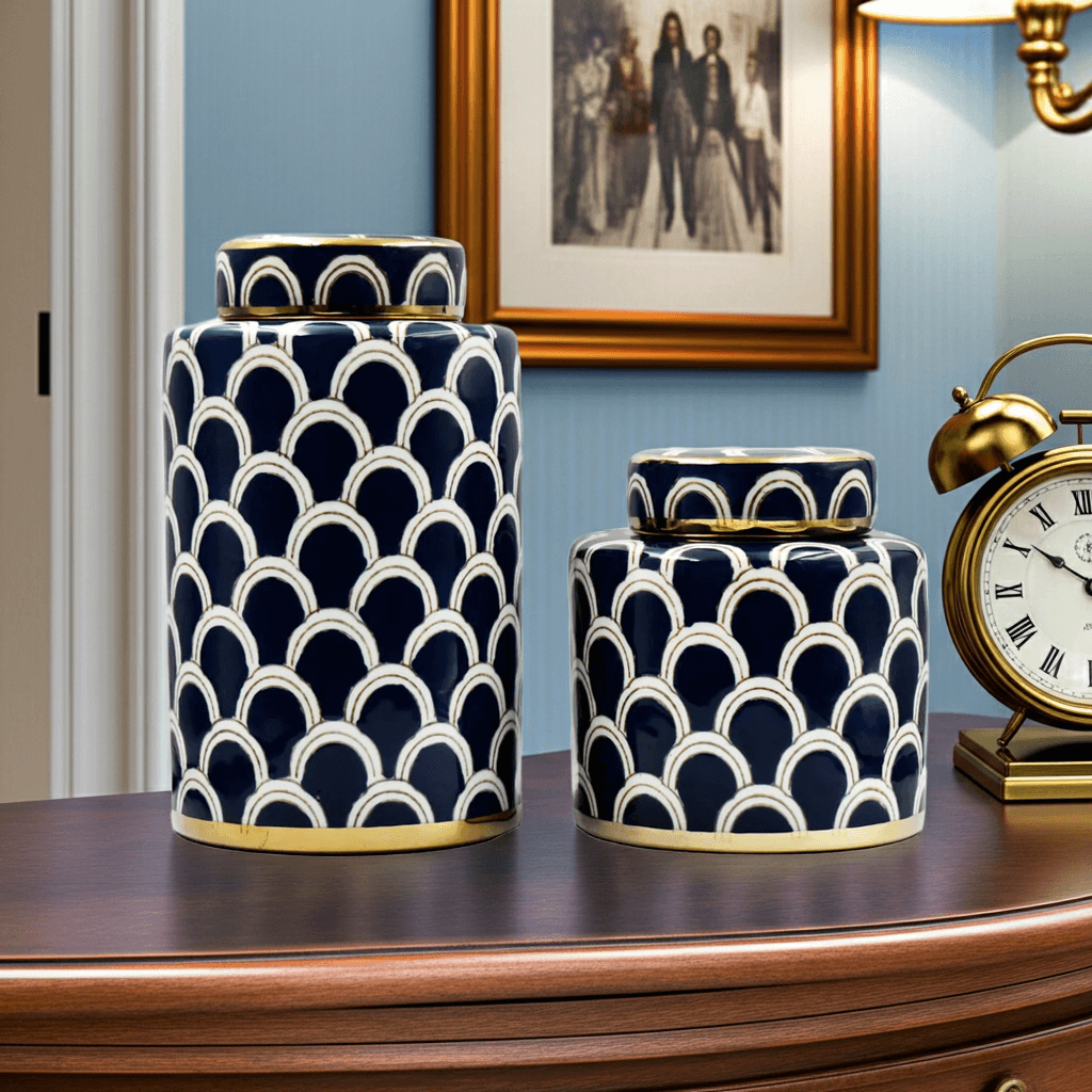 Navy Scallop Ceramic Jar Set - Gold