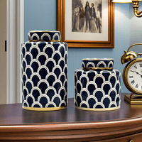 Navy Scallop Ceramic Jar Set - Gold