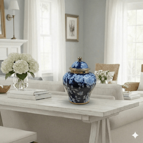 Navy Blue and White Floral Ceramic Ginger Jar - 24cm