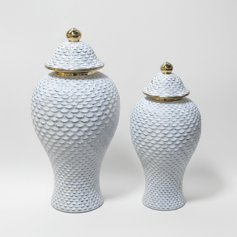 White Textured Ginger Jar Set - Gold Accents