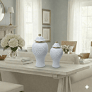 White Textured Ginger Jar Set - Gold Accents