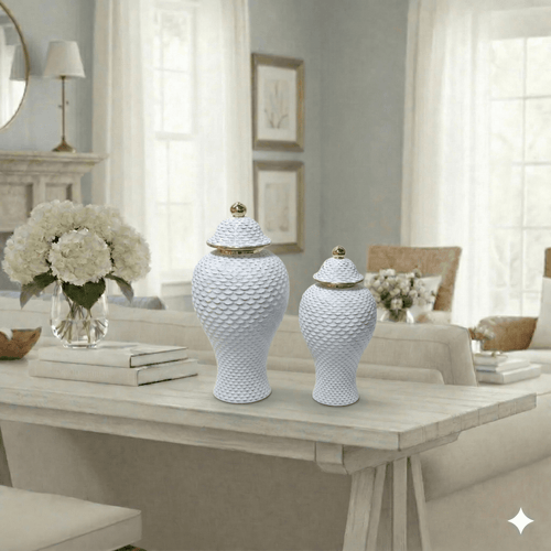White Textured Ginger Jar Set - Gold Accents