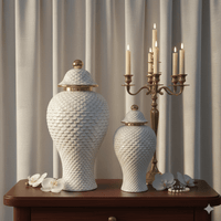 White Textured Ginger Jar Set - Gold Accents