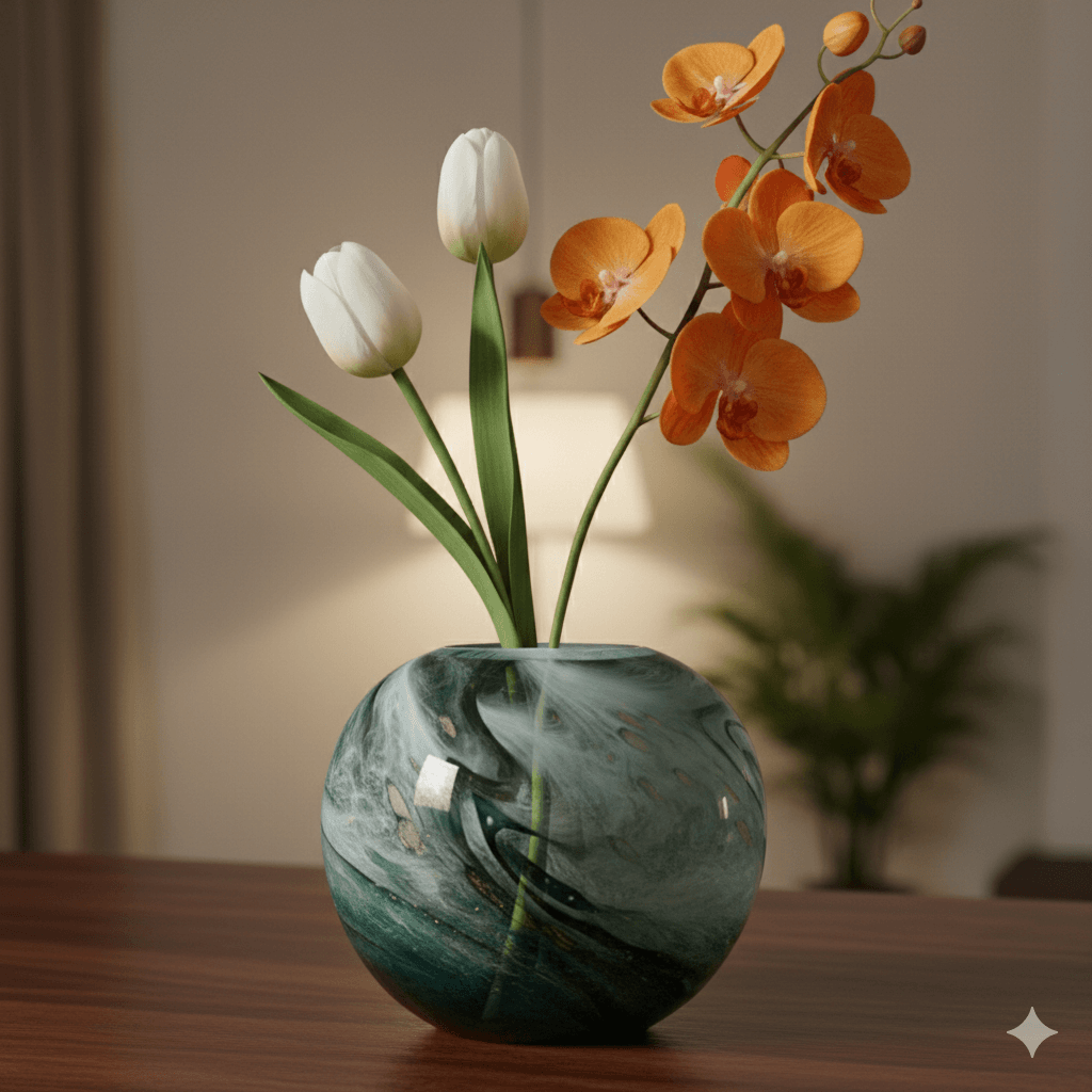 Green Marble Pattern Round Handblown Glass Vase