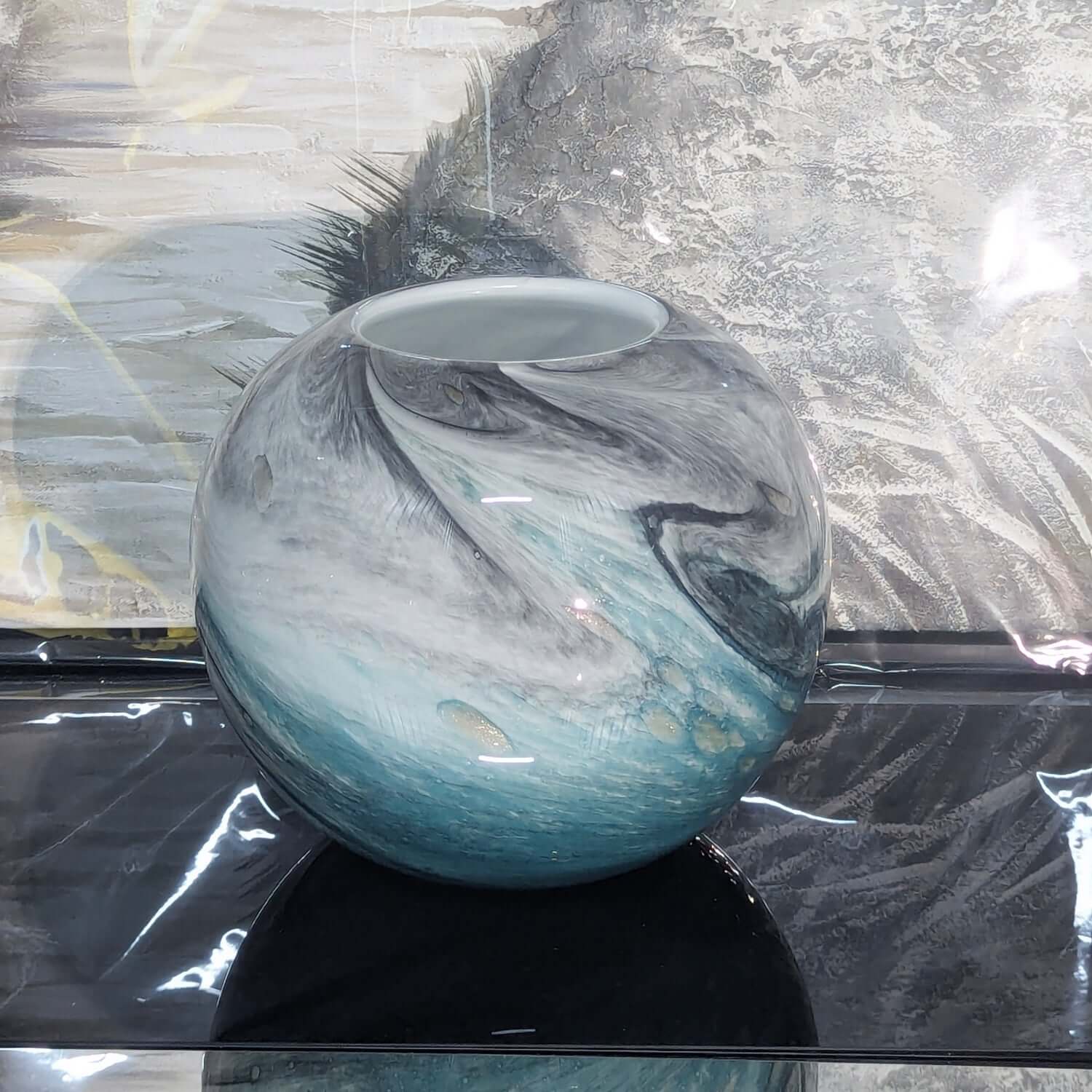Faux Marble Glass Vase Blue Gold 28cm