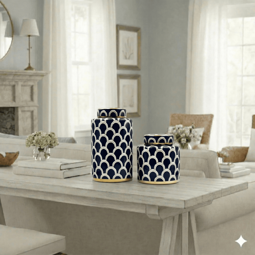 Navy Scallop Ceramic Jar Set - Gold