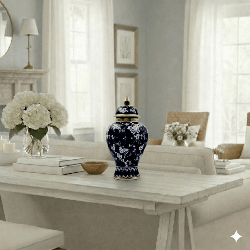 Navy Blossom Ceramic Temple Jar