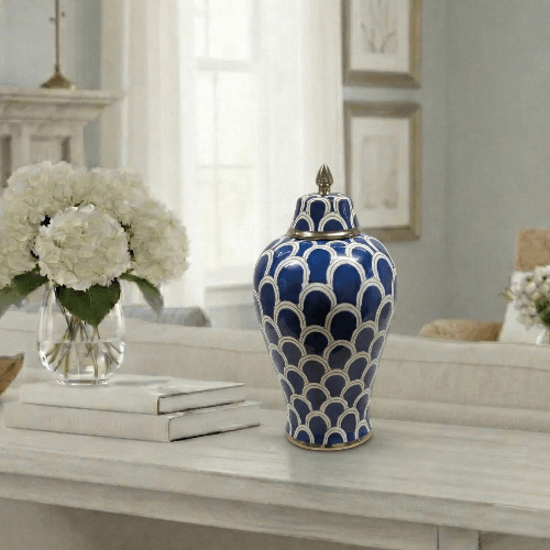 Navy Blue Fish Scale Ceramic Ginger Jar - 36cm