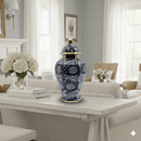 Navy Floral Ceramic Urn - Gold Accents