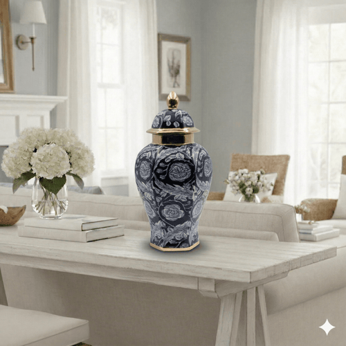 Navy Floral Ceramic Urn - Gold Accents