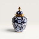 Cobalt Navy Blue and Gold Floral Temple Jar