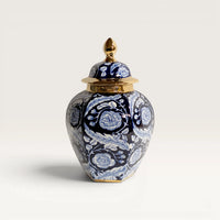 Cobalt Navy Blue and Gold Floral Temple Jar