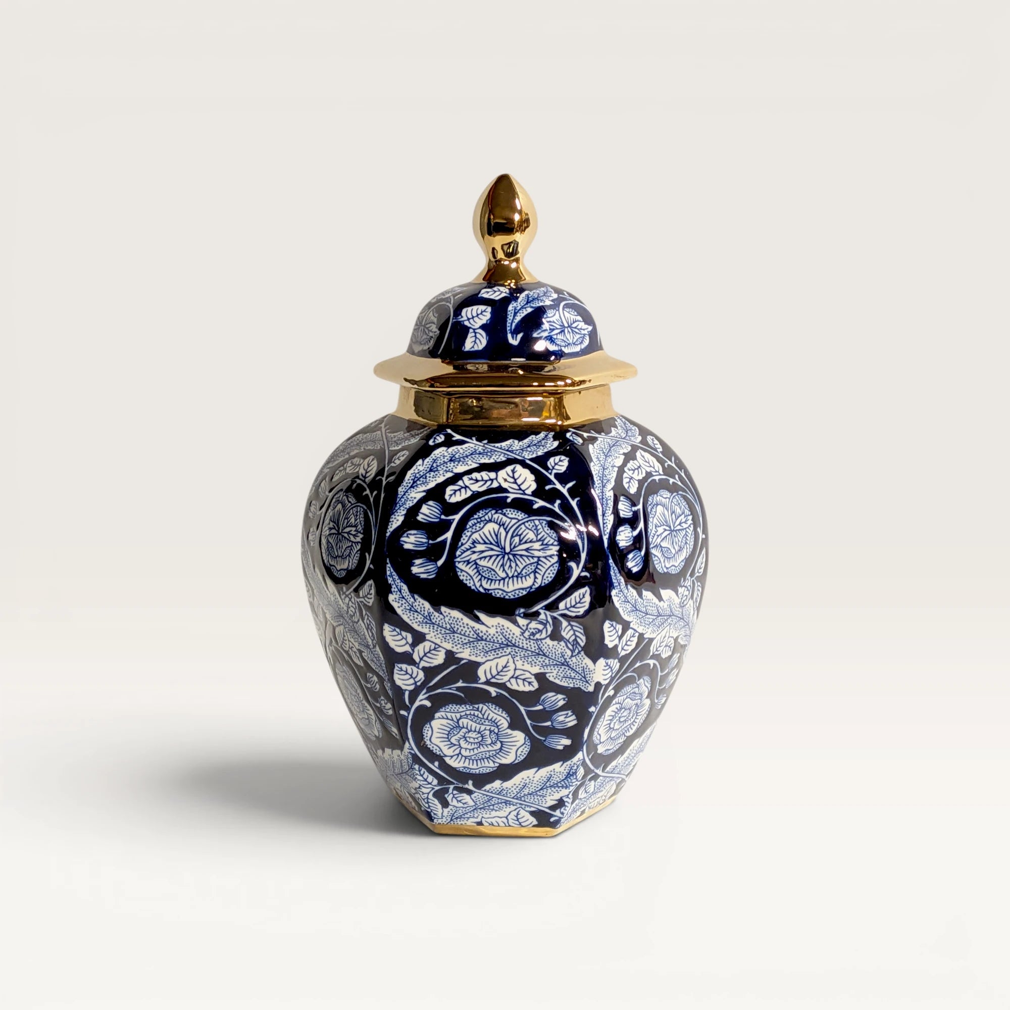 Cobalt Navy Blue and Gold Floral Temple Jar