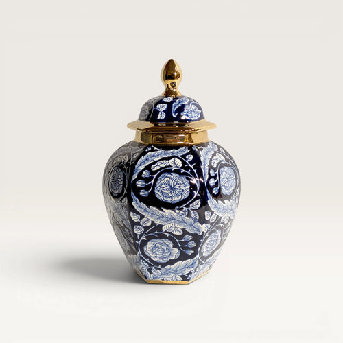 Cobalt Navy Blue and Gold Floral Temple Jar