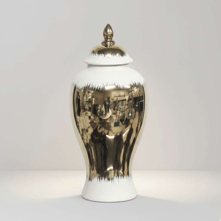 Gold and White Ceramic Urn - Metallic