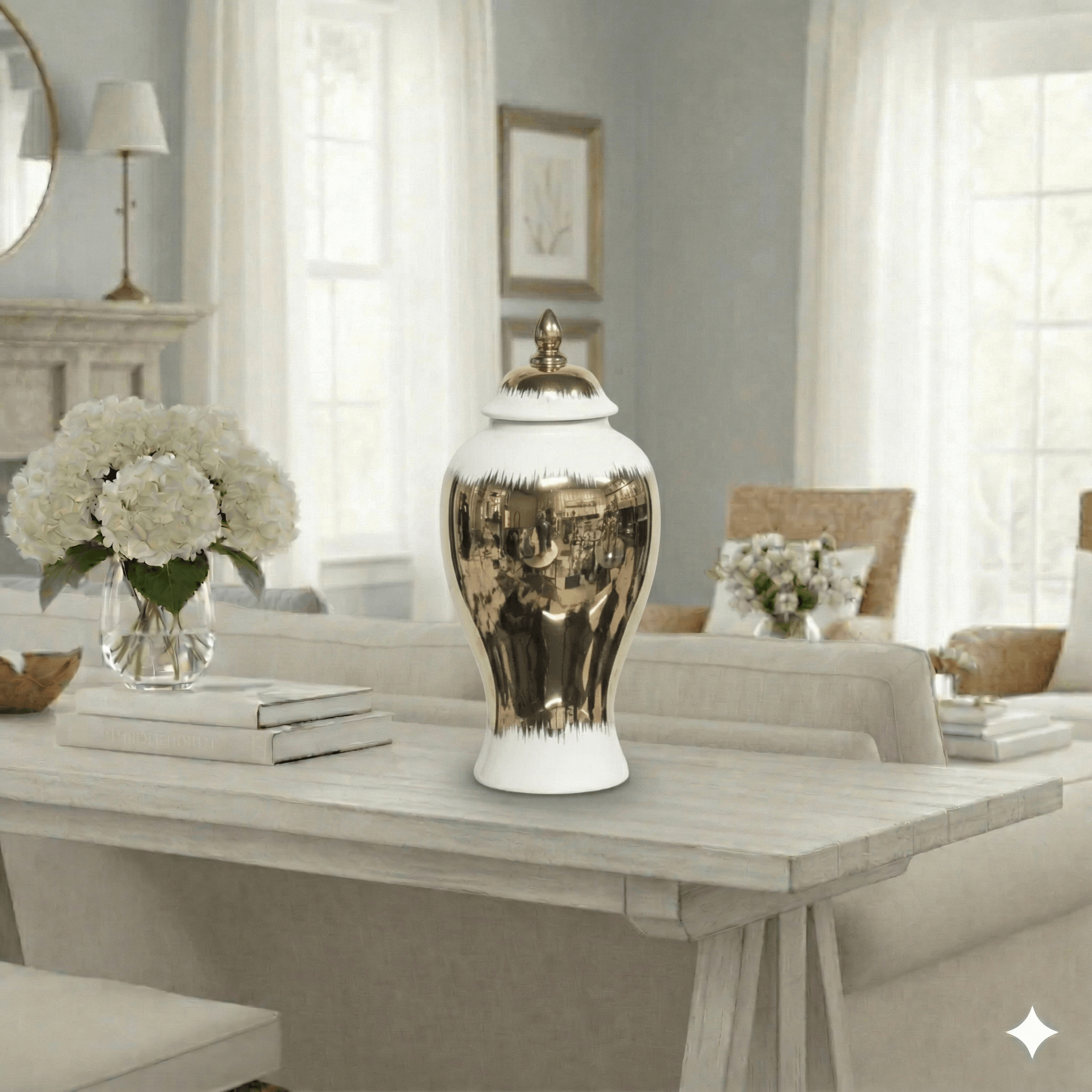 Gold and White Ceramic Urn - Metallic