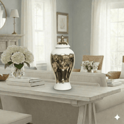 Gold and White Ceramic Urn - Metallic