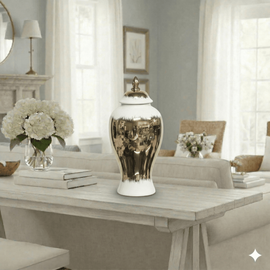 Gold and White Ceramic Urn - Metallic