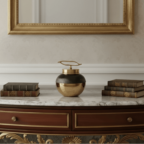 Gold Brown Mosaic Ceramic Jar Brass Accent