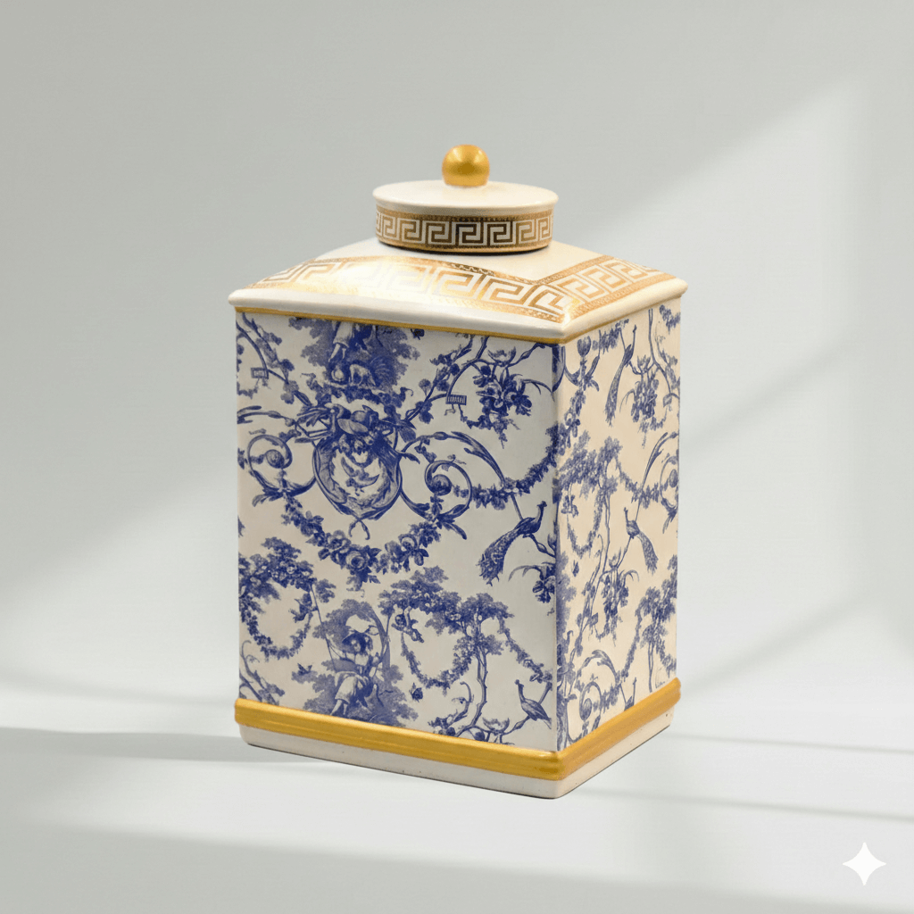 Hamptons Blue White Gold Accent Ginger Jar
