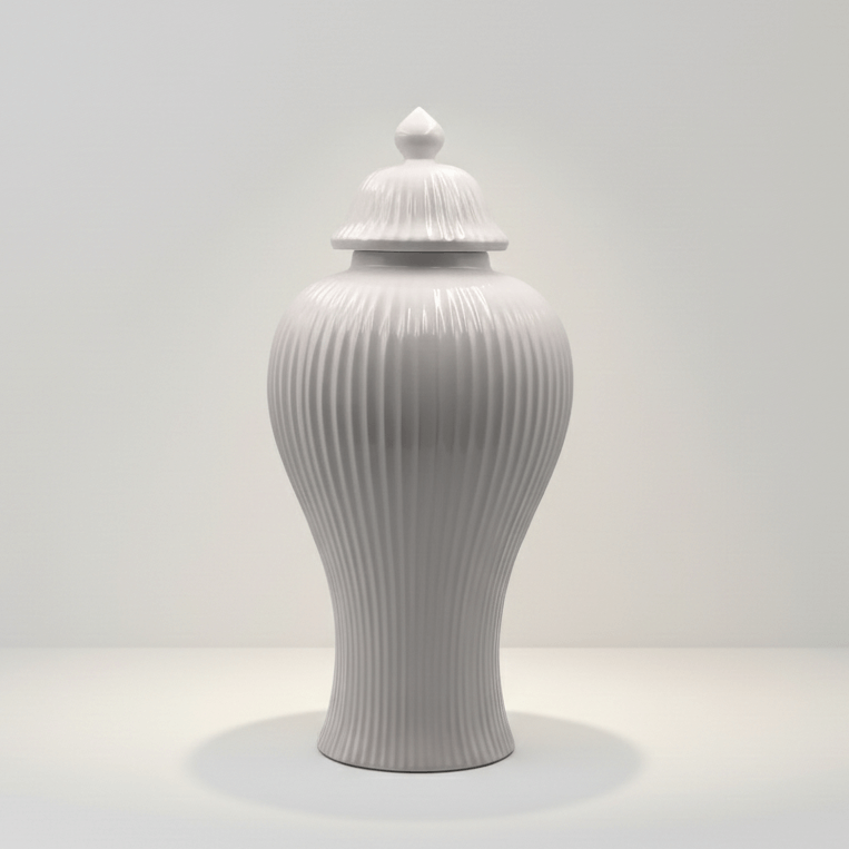Pristine White Ribbed Ceramic Ginger Jar