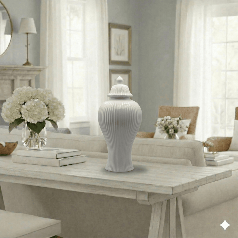 Pristine White Ribbed Ceramic Ginger Jar
