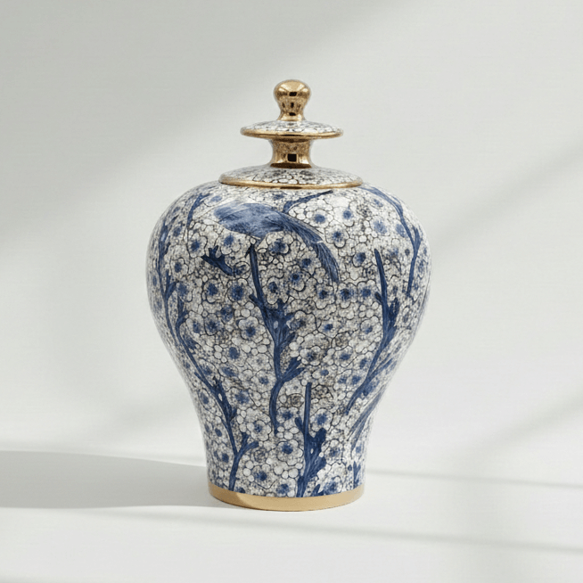 Blue and White Bird Ceramic Ginger Jar