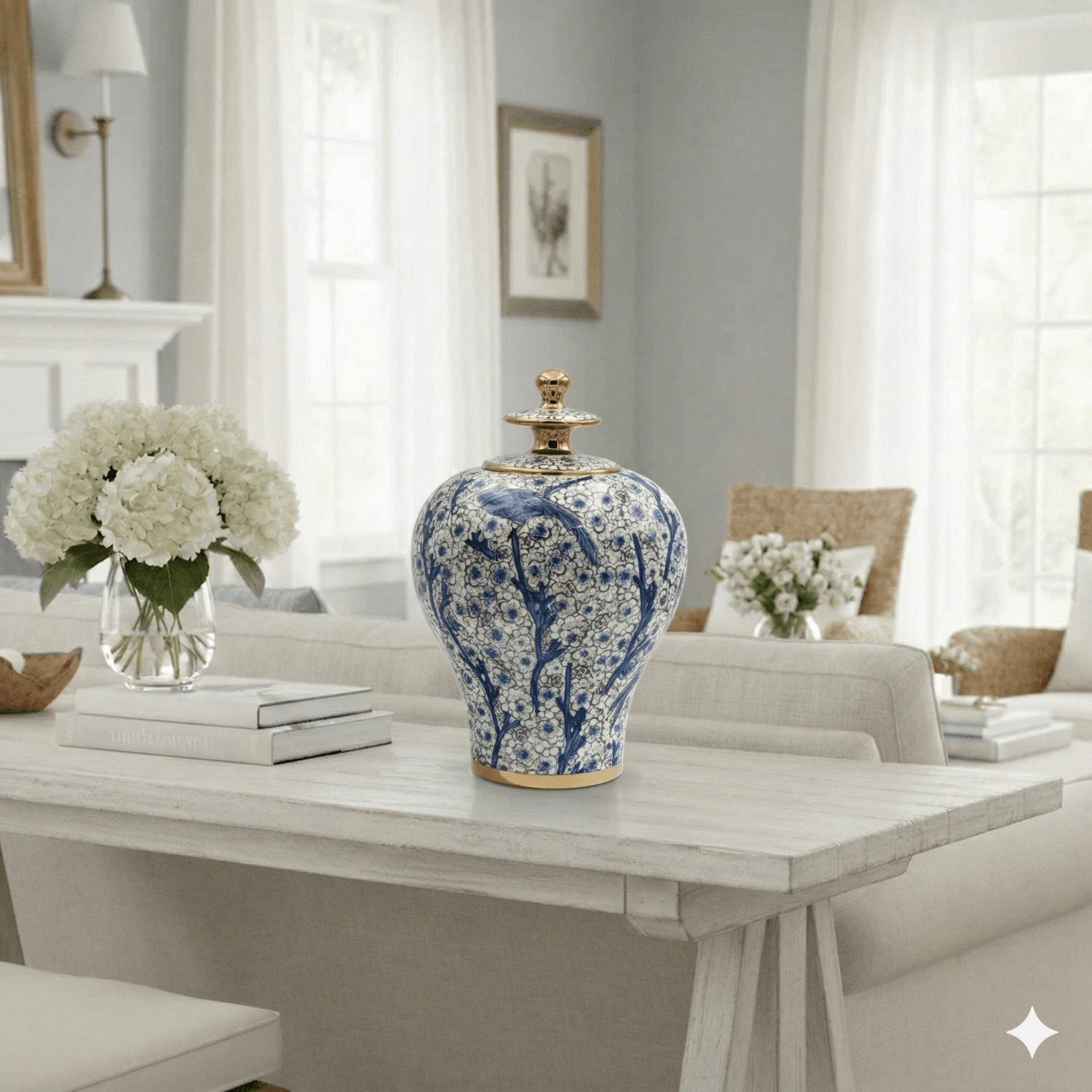Blue and White Bird Ceramic Ginger Jar