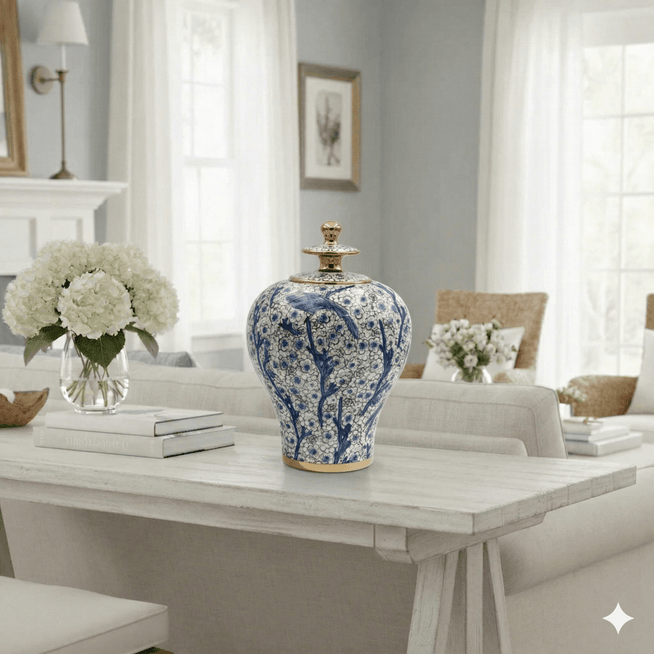 Blue and White Bird Ceramic Ginger Jar