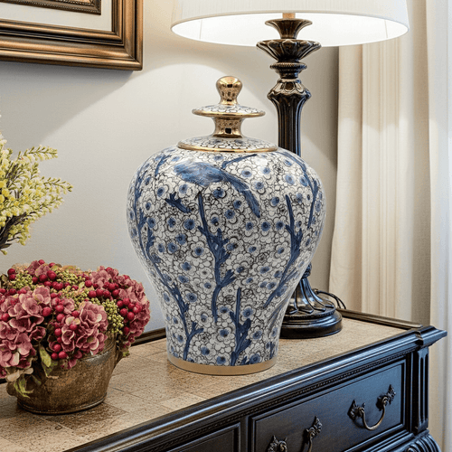 Hand-Painted Blue Bird Floral 30cm Jar