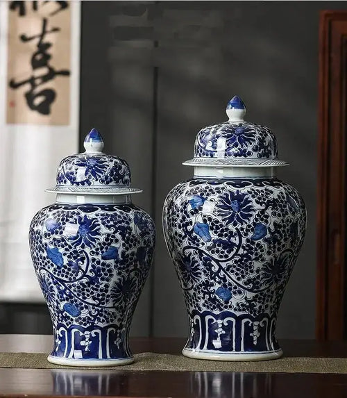 Hand-Painted Blue White Ginger Jar Large