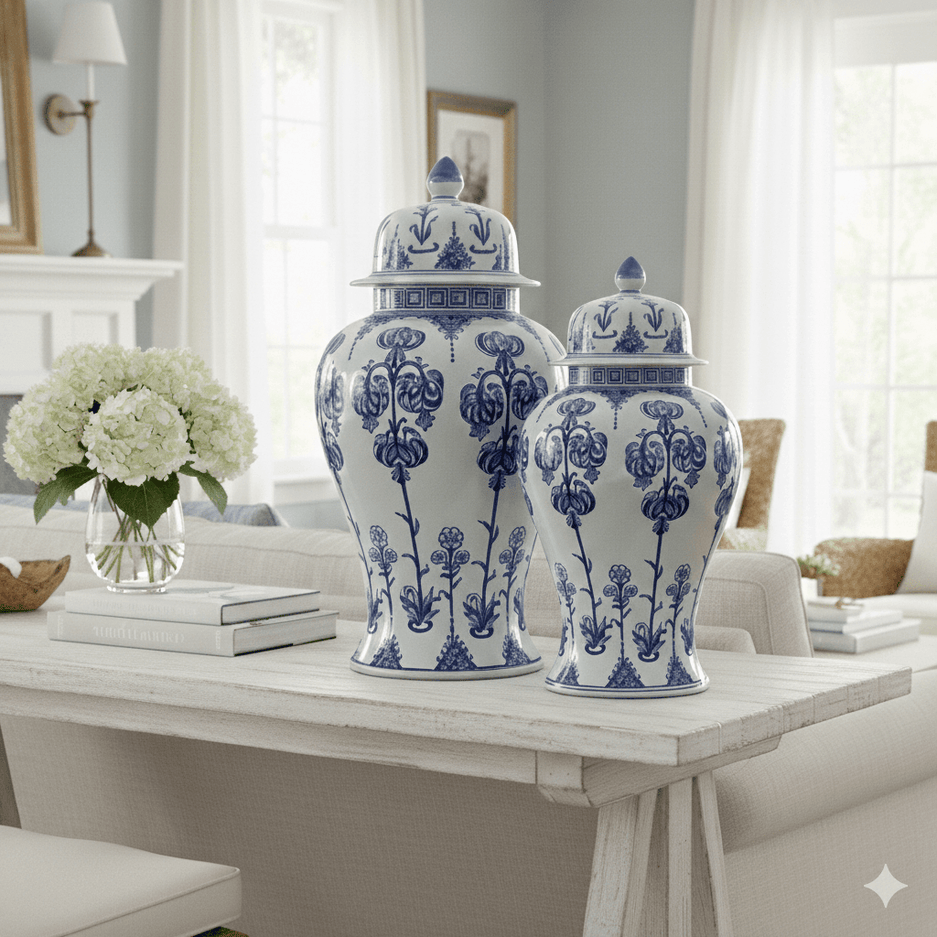 Blue and White Ceramic Ginger Jar Set