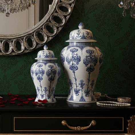 Hand-Painted Blue White Ginger Jar Set