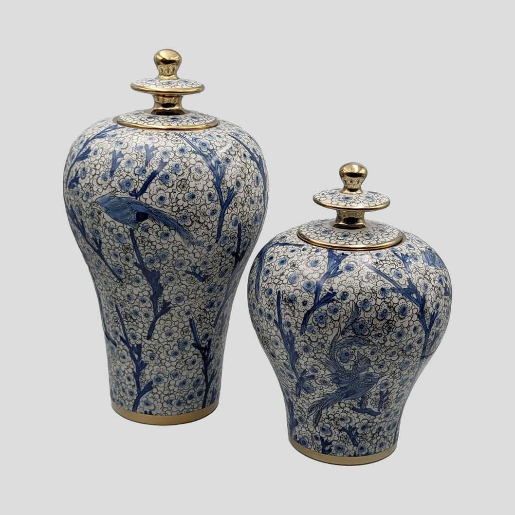 Blue and White Bird Ginger Jar Set