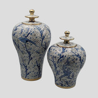 Blue and White Bird Ginger Jar Set