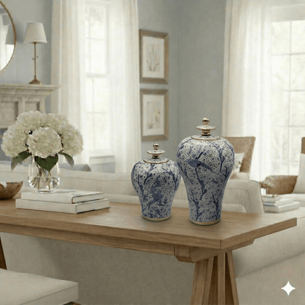 Blue and White Bird Ginger Jar Set